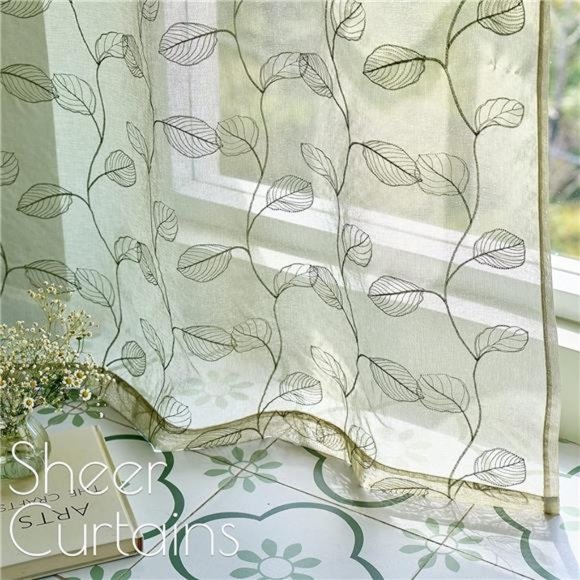 Sage Sheer Curtains Leaf Embroidered 96 Inch Long for Living Room Bedroom Rod - Picture 4 of 7